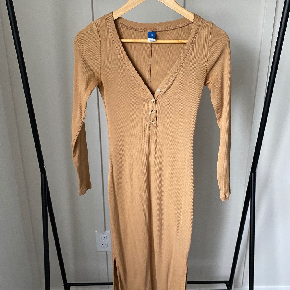Fitted Long-Sleeve Rib-Knit Henley Midi Dress XS - Old Navy